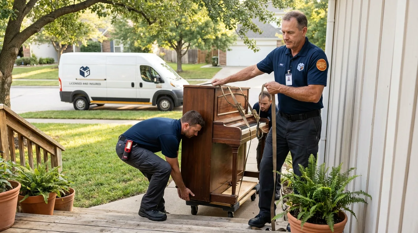 Licensed piano movers securing grand piano in Scarborough, ME