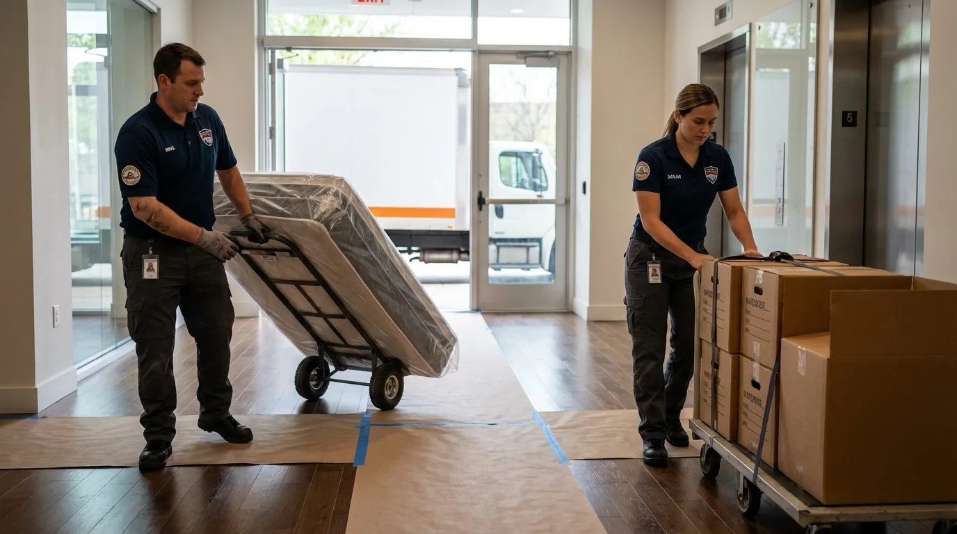 Professional apartment movers loading elevator in Scarborough, ME